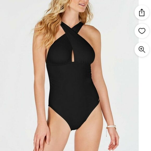 NWT MICHAEL Michael Kors Womens High Neck Shirred One-Piece Swimsuit - Picture 1 of 7